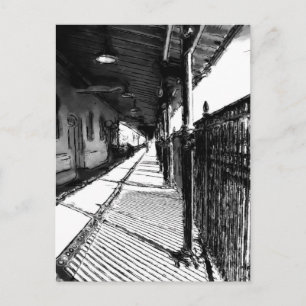 Järnvägen Station svartvit skiss Vykort