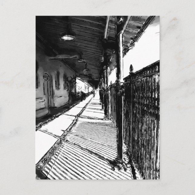 Järnvägen Station svartvit skiss Vykort (Framsida)