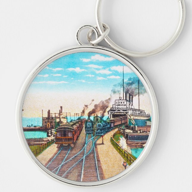 Järnvägfärjaskeppsdockor, Mackinaw, Michigan Rund Silverfärgad Nyckelring (Framsidan)