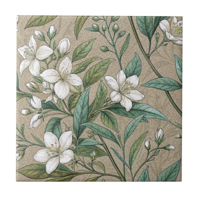 Jasmine-blommor vintage botanicals seamless kakelplatta (Framsidan)