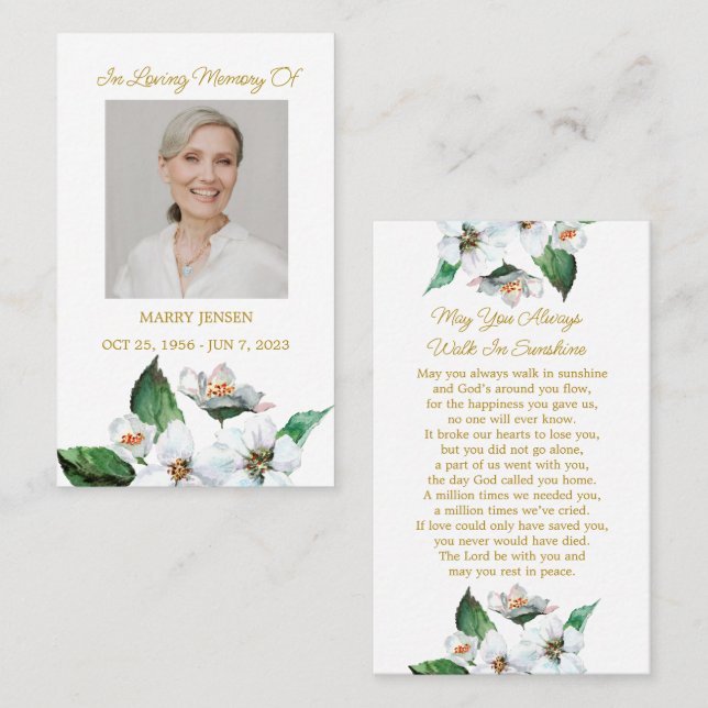 Jasmine Memorial Photo Funeral Prayer Card Visitkort (Fram/baksida)