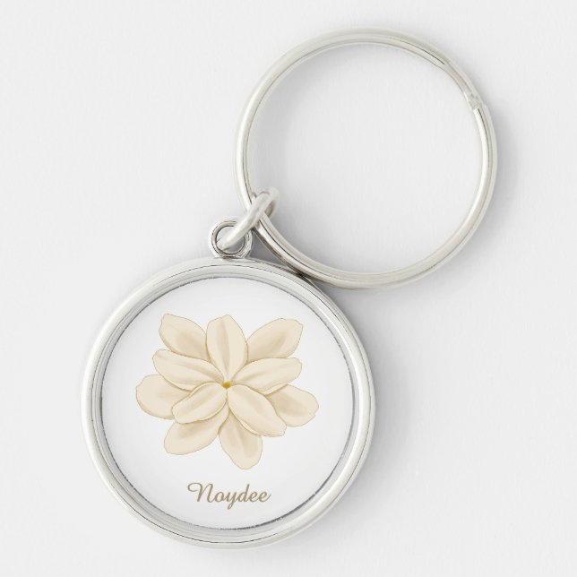 Jasmine Vit Blomma Elegant Namn Rund Silverfärgad Nyckelring (Framsidan)