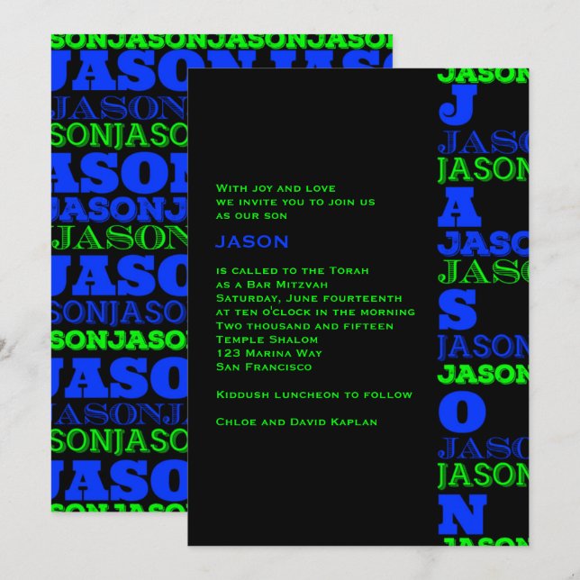 JASONCool Modern Pub Mitzvah-inbjudan Black Blue Inbjudningar (Fram/baksida)