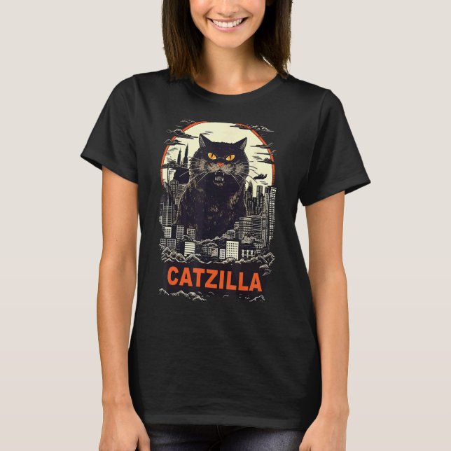 Jätte Katt I Stad Catzilla T Shirt (Framsida)
