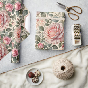 Jätte Rosa Ros och Knoppar Botanisk Presentpapper