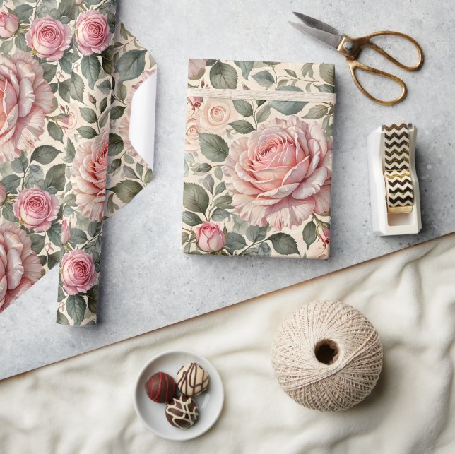 Jätte Rosa Ros och Knoppar Botanisk Presentpapper (Hantverk)
