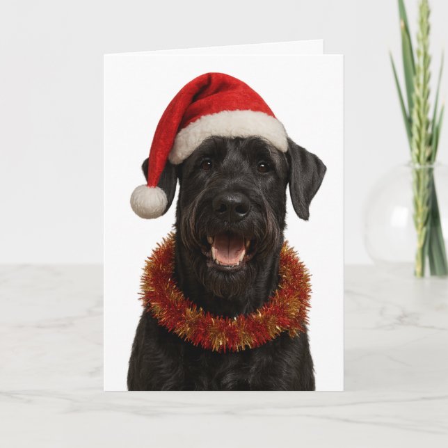 Jätte schnauzer i en tomtehatt julkort kort (Framsida)