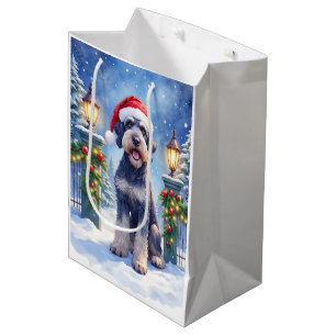 Jätte Schnauzer Snöig järnstaket Santa jul