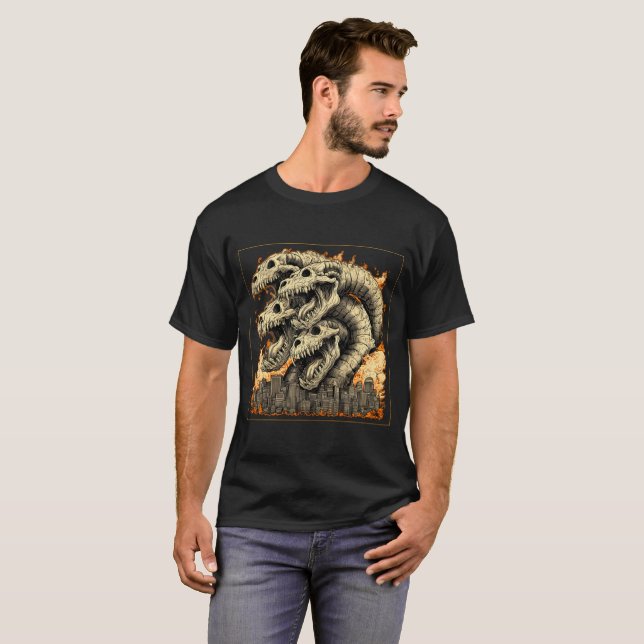 Jätte Skelett Kaiju Monster Stad T-Shirt (Hel framsida)