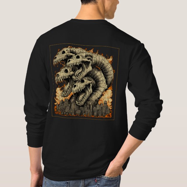 Jättelik Skelettal Kaiju Monster Stad Långärmad T Shirt (Baksida)