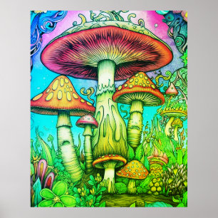 Jättelika röda + gula fantasissvampar på en vägg poster