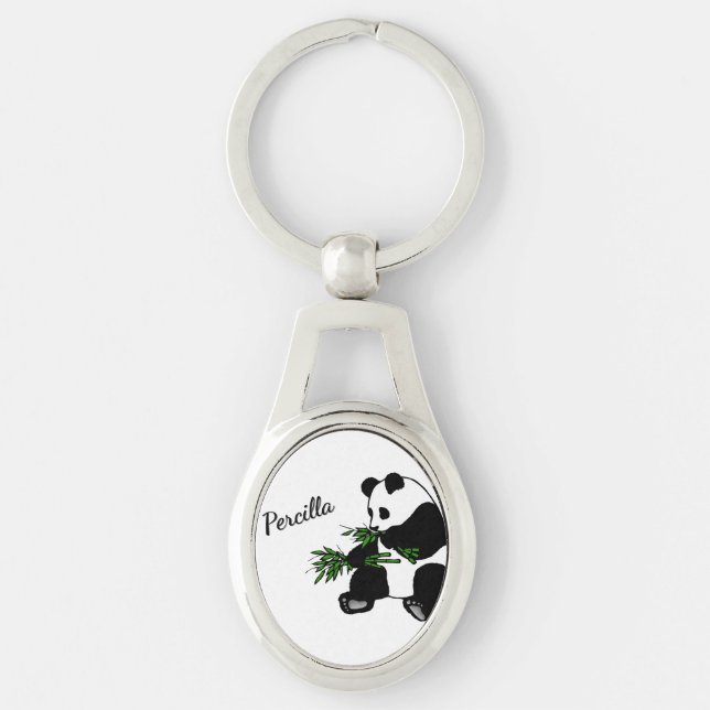 Jättepanda äter bambunamn   ovalt silverfärgad nyckelring (Framsidan)
