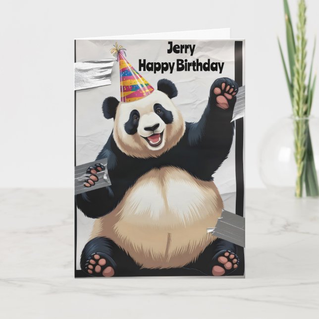 Jättepanda sitter upp och bär födelsedags hatt kort (Framsida)