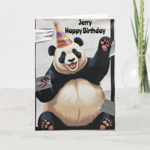 Jättepanda sitter upp och bär födelsedagsmössa kort