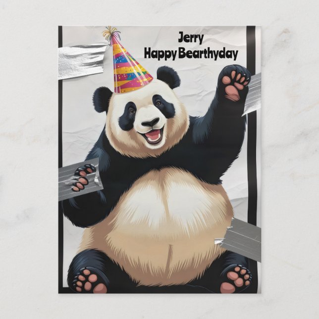 Jättepanda sitter upp och bär födelsedagsmössa vykort (Framsida)
