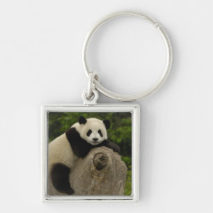 Jättepanda unge fyrkantig silverfärgad nyckelring