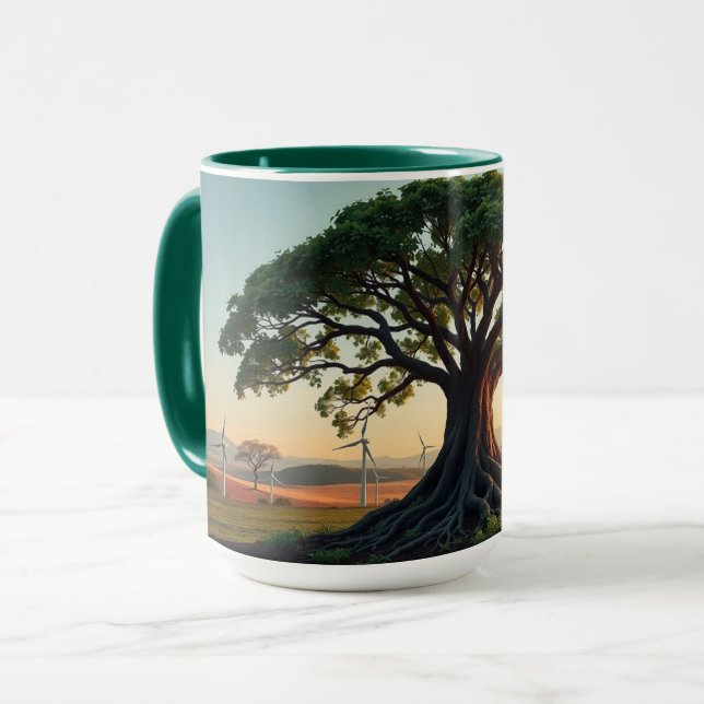 Jätteträd i ett landskapsvy över en vindkraftspark mugg (Framsida vänster)