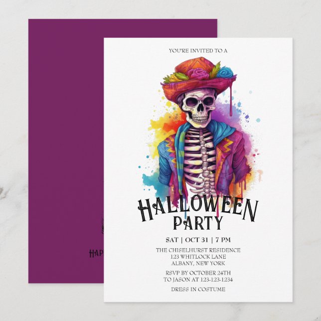 Jaunty Skeleton Vibrant Watercolor Halloween fest Inbjudningar (Fram/baksida)