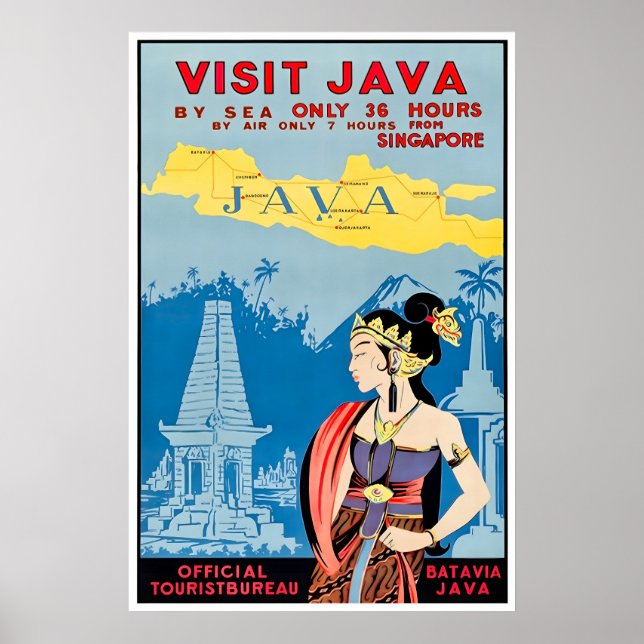 Java Art Indonesien Resa Affisch Besök Java Tryck (Framsidan)