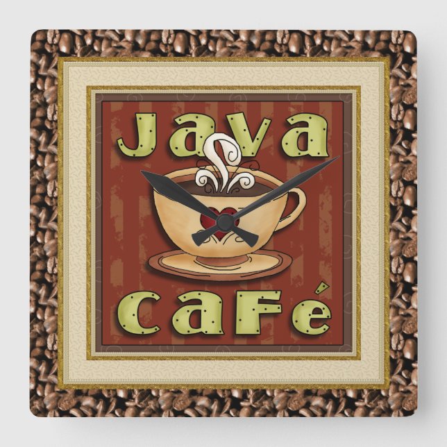 Java Cafe Coffee Clock Fyrkantig Klocka (Framsida)
