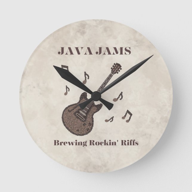 Java Jams-Brygger Rockin 'Riffs-Kaffee-Gitarr- Rund Klocka (Framsida)