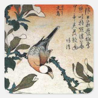 Java Sparrow och Kobushi Magnolia (från Hokusai) Fyrkantigt Klistermärke