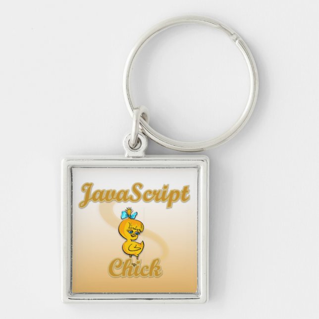 JavaScript-Chick Fyrkantig Silverfärgad Nyckelring (Framsidan)