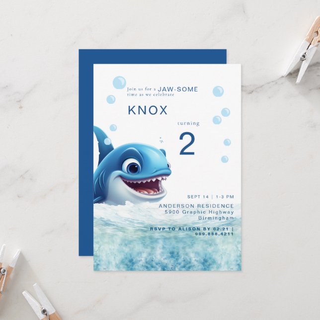 Jaw-some Shark Bite Birthday Party Invitation Inbjudningar (Fram/Back In Situ)