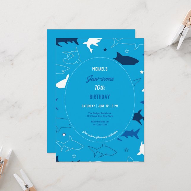 Jaw-some Shark Födelsedagsfest inbjudan (Fram/Back In Situ)