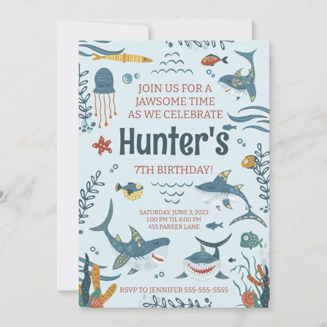 Jawsome Shark ThLED Birthday-inbjudan vid alla åld Inbjudningar (Framsida)