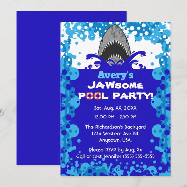 Jawsome Shark ThMeLED Bassäng Party Birthday Inbjudningar (Fram/baksida)