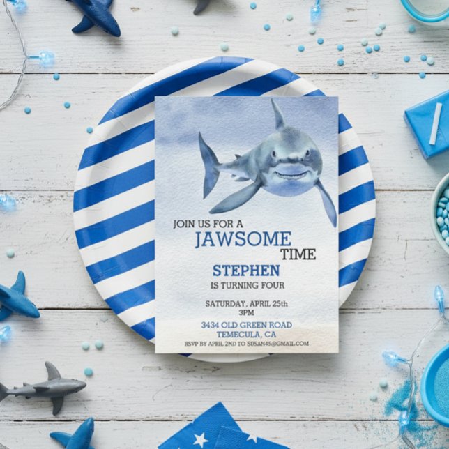 JawSome Time Great White Haj Födelsedag Vattenfärg Inbjudningar (Skapare uppladdad)