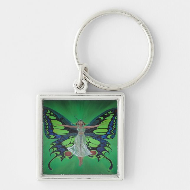 Jazz Age Showgirl Flapper Wearing Butterfly Vingar Fyrkantig Silverfärgad Nyckelring (Framsidan)