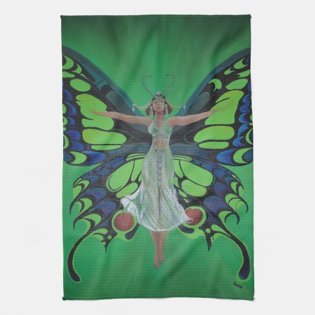 Jazz Age Showgirl Flapper Wearing Butterfly Vingar Kökshandduk (Vertikal)
