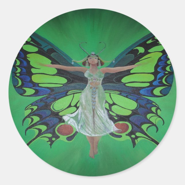 Jazz Age Showgirl Flapper Wearing Butterfly Vingar Runt Klistermärke (Framsida)