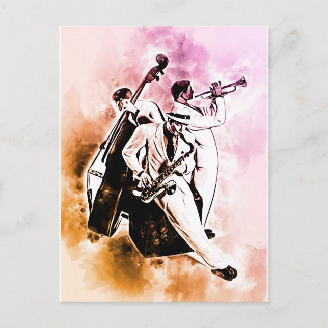 JAZZ Band Musician Unique Watercolor Music Vykort (Framsida)