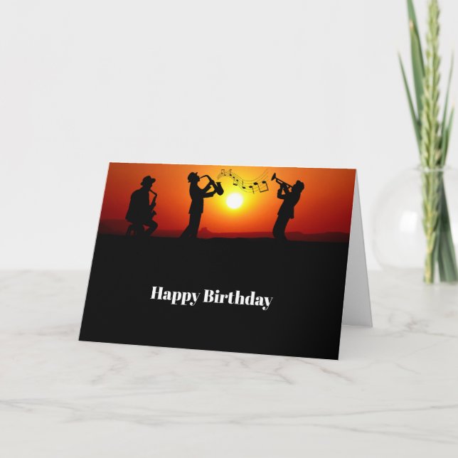Jazz Band Silhouette Orange Sunset Birthday Kort (Framsida)