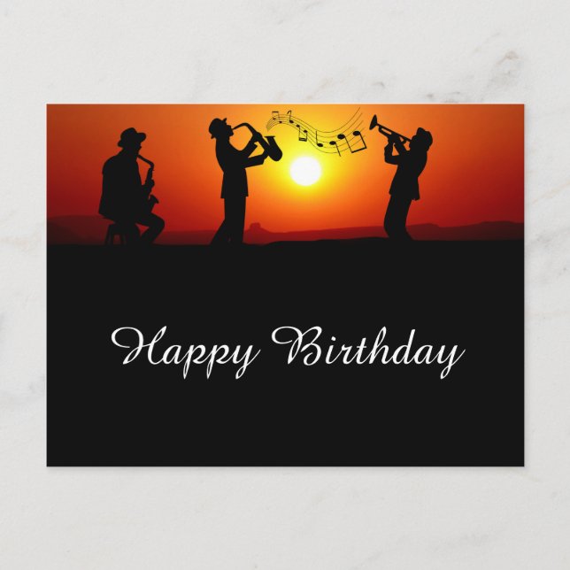 Jazz Band Silhouette Orange Sunset Birthday Vykort (Framsida)