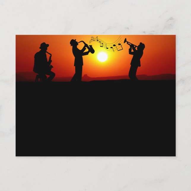 Jazz Band Silhouette Orange Sunset Vykort (Framsida)