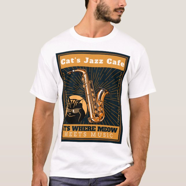 Jazz Cat Cafe - kattsaxofon med saxophoni T Shirt (Framsida)