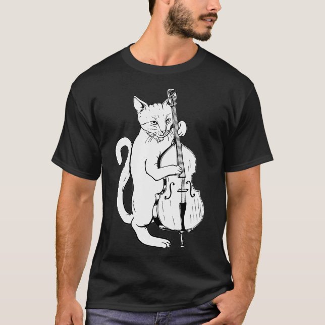 Jazz Cat spelar upprätt Bass Coola Musician T Shirt (Framsida)