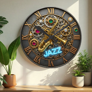 Jazz Clock, Neon Light, Trumpet, Saxophone Rund Klocka