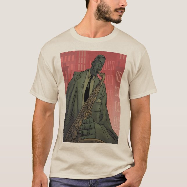 Jazz Midnight saxophone player basic tan t-shirt (Framsida)
