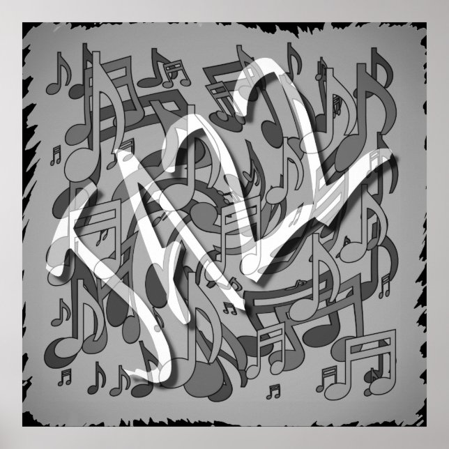 Jazz Music Mönster Dancing Swirling Notes BW Poster (Framsidan)