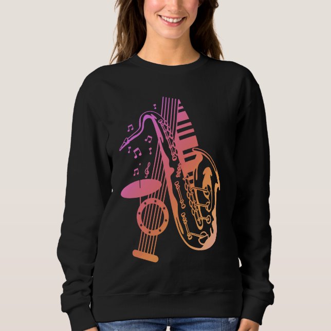 Jazz Music Saxophone Piano Drums Musician T Shirt (Framsida)