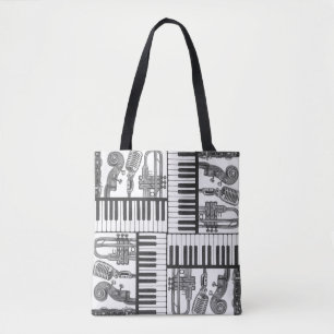 Jazz Musical Instruments Black and White Tote Tygkasse