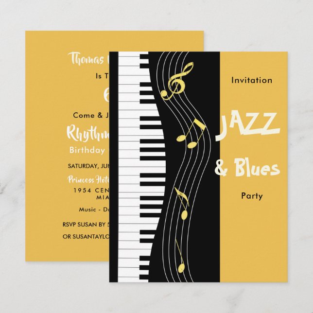 Jazz och Blues Thned Födelsedagsfest Inbjudningar (Fram/baksida)