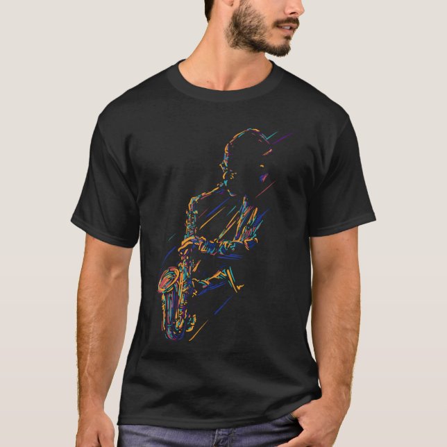 Jazz saxophonist colorful line art t shirt (Framsida)