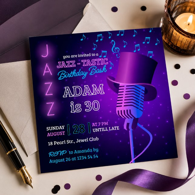 Jazz-Tastisk Födelsedagsfest Retro Neon Inbjudan (Skapare uppladdad)