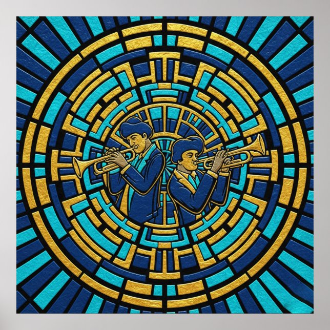 Jazz Trumpeters Poster Blue and Gold Stained Glass (Framsidan)